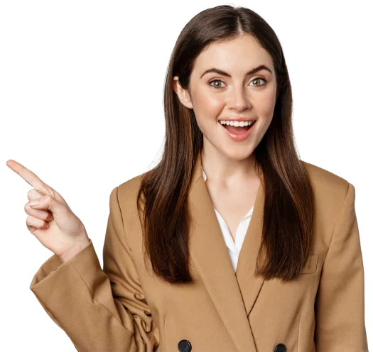 Portrait Businesswoman Pointing finger left showing corporate banner logo standing brown suit