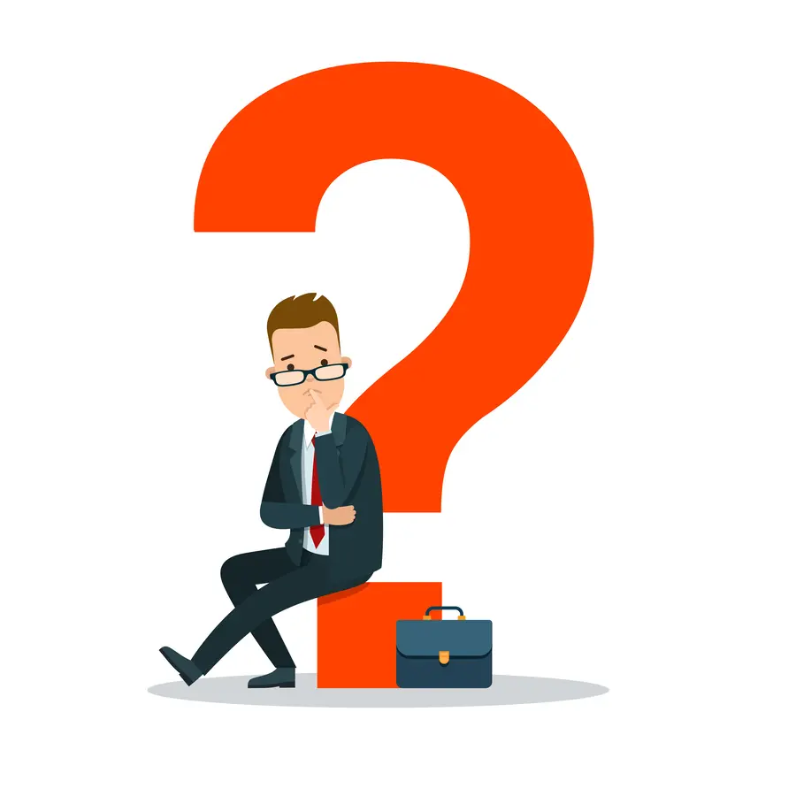 Flat young businessman sitting on huge red question mark vector illustration. Business task concept.